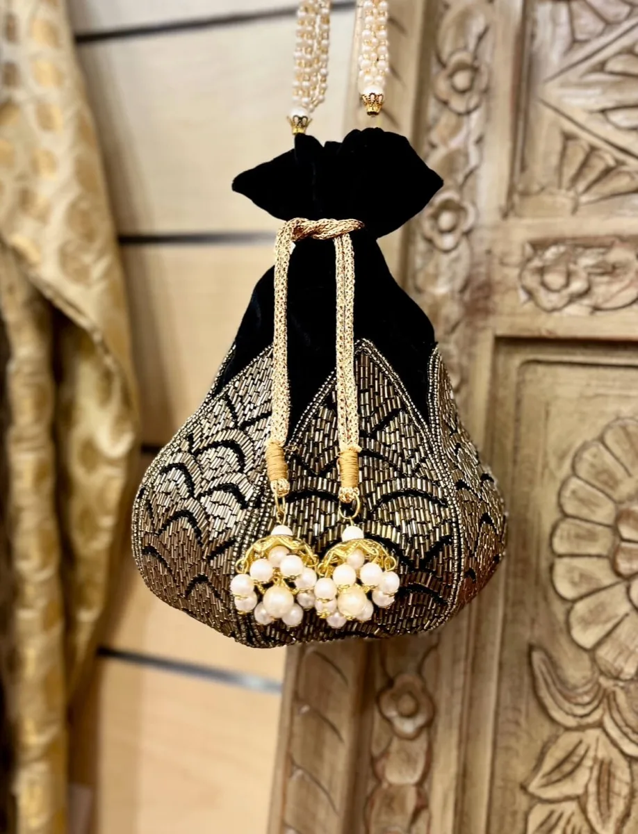 Black and Gold Modern Lotus Potli