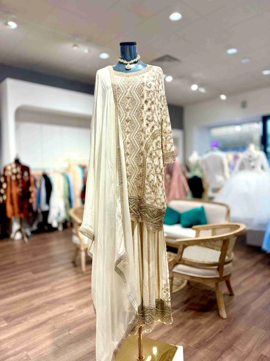 Regal Ivory & Gold Embroidered Plazo Suit