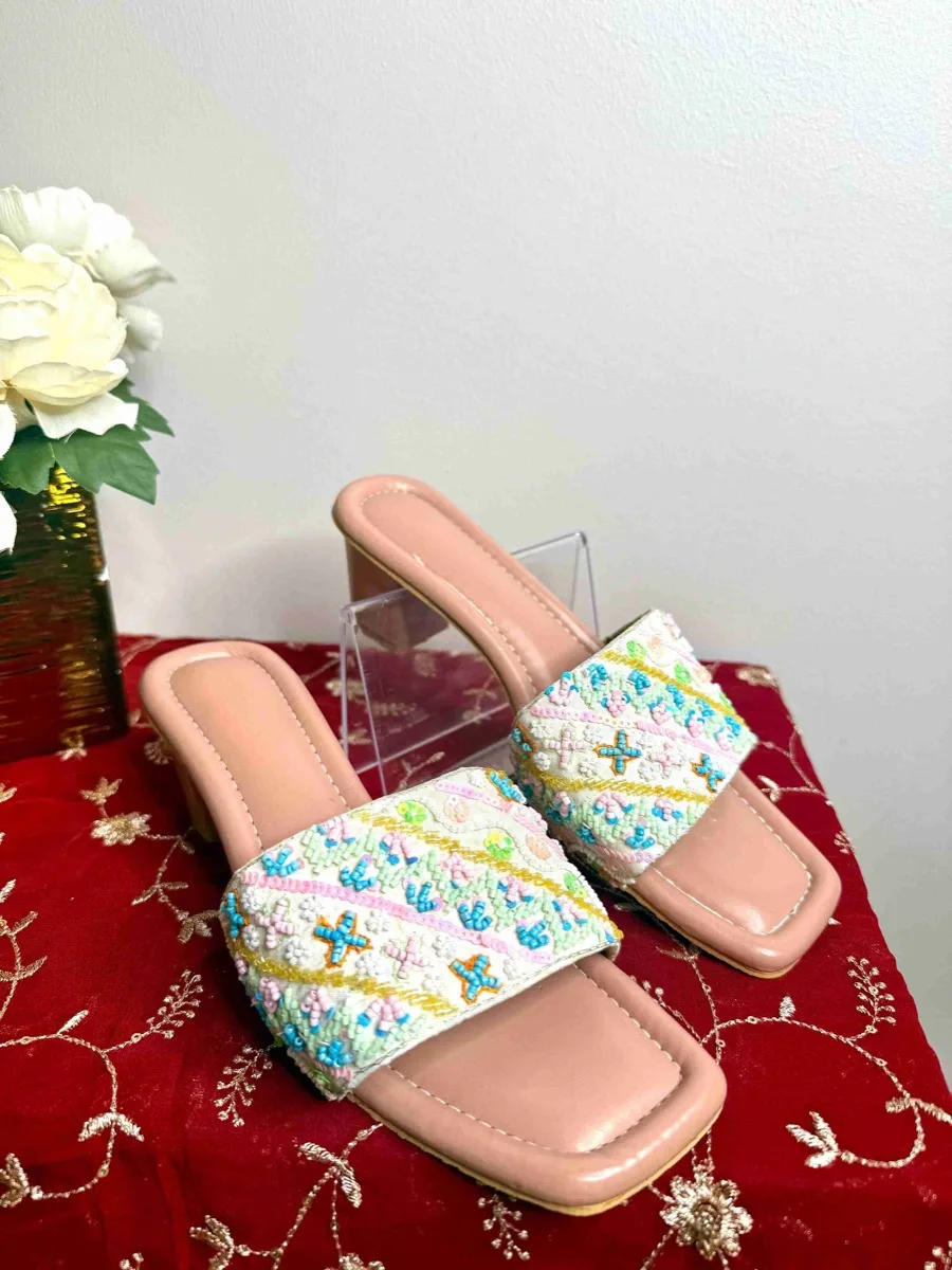 The 'Pastel Garden' Beaded Block Heel Slides